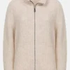 Beige Cardigan Met Rits En Lange Omslagmouwen-Terre Bleue Shop