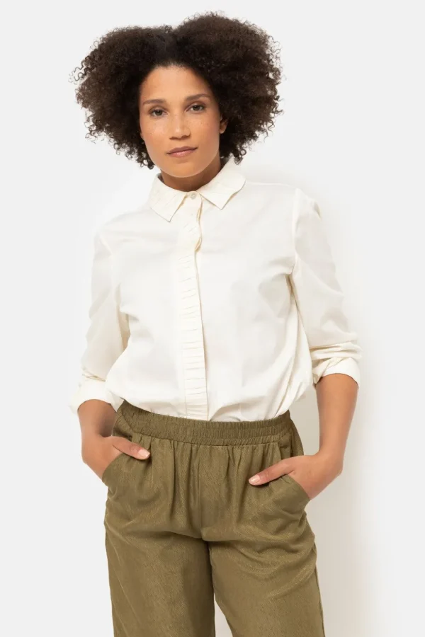 Beige Dames Blouse Met Gefronste Kraag-Terre Bleue Shop