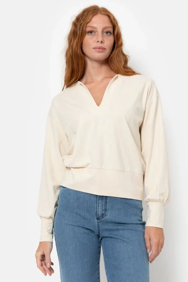 Beige Pull Of Top Met Lange Pofmouwen En V-Hals-Terre Bleue Best