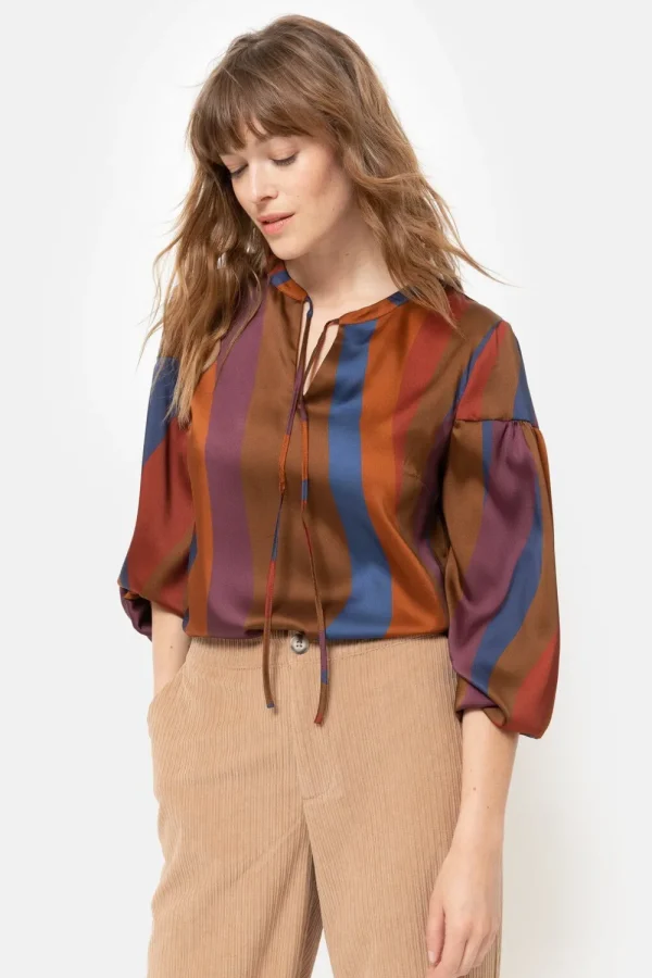 Bruin Gestreepte Blouse Met Lange Mouwen-Terre Bleue Cheap