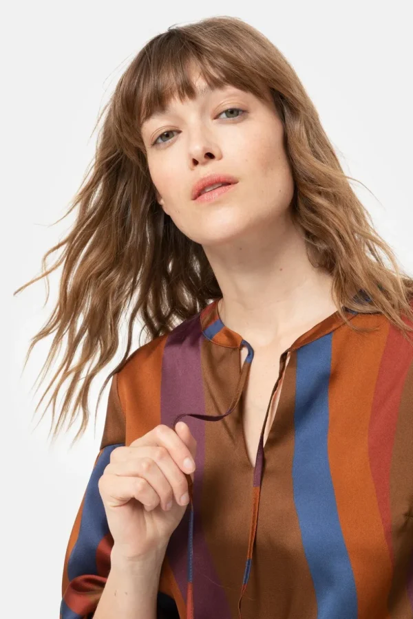 Bruin Gestreepte Blouse Met Lange Mouwen-Terre Bleue Cheap