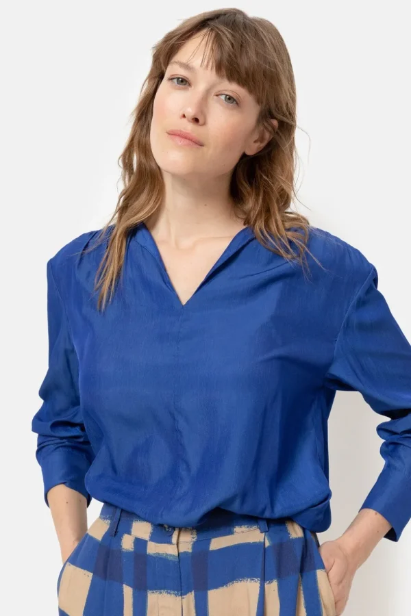 E Damesblouse Met Smock En Lange Mouw-Terre Bleue Shop