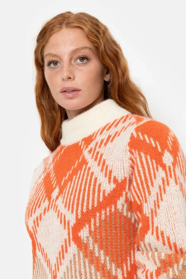 Ecru Geruite Dames Pull Met Hoge Kraag-Terre Bleue Online