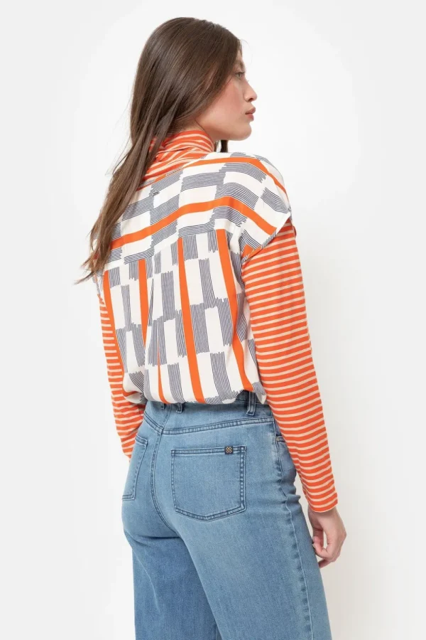 Ecru Top Met Korte Mouw, Blauwe Strepen-Terre Bleue Discount