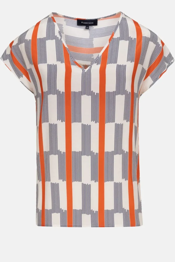 Ecru Top Met Korte Mouw, Blauwe Strepen-Terre Bleue Discount