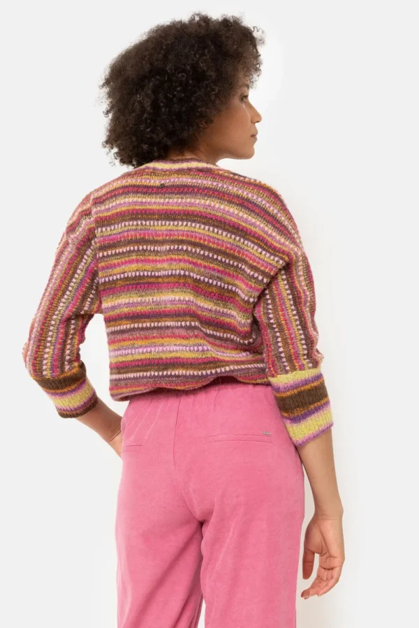 Gestreepte Roze Pull, V-Hals En 3/4 Mouwen-Terre Bleue Best Sale