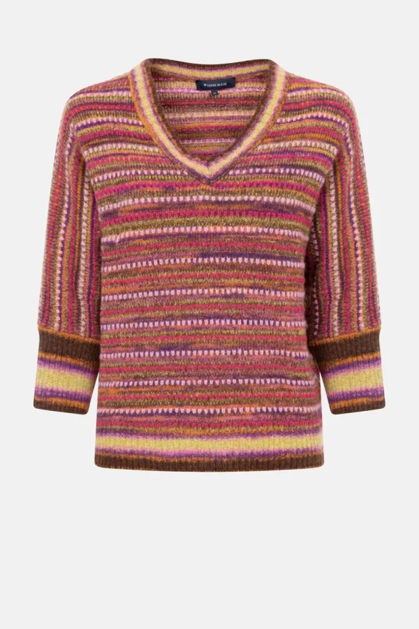 Gestreepte Roze Pull, V-Hals En 3/4 Mouwen-Terre Bleue Best Sale
