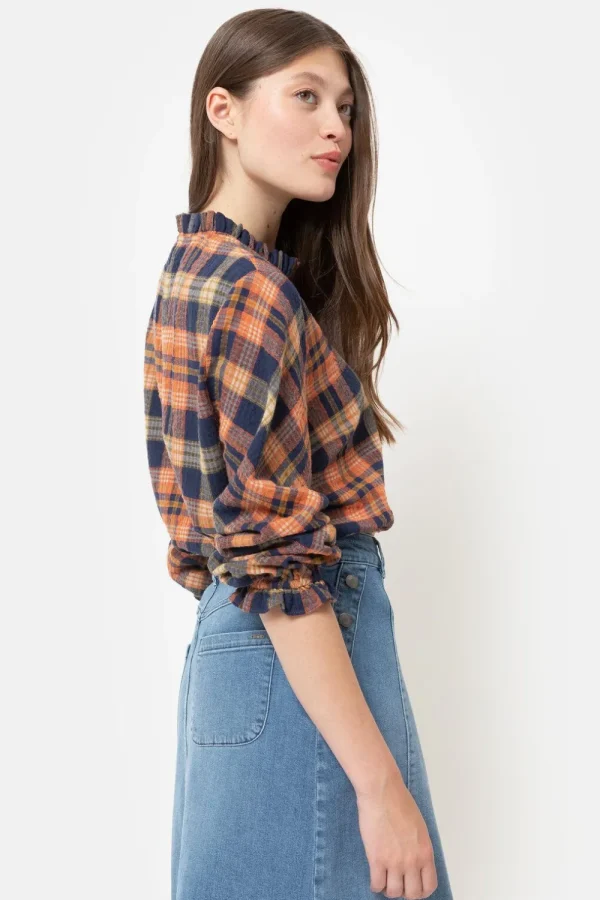 Oranje-Blauw Geruite Blouse Met Franjes-Terre Bleue Best Sale